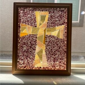 Elegant Glass Mosaic Cross with Golden Yellow glass